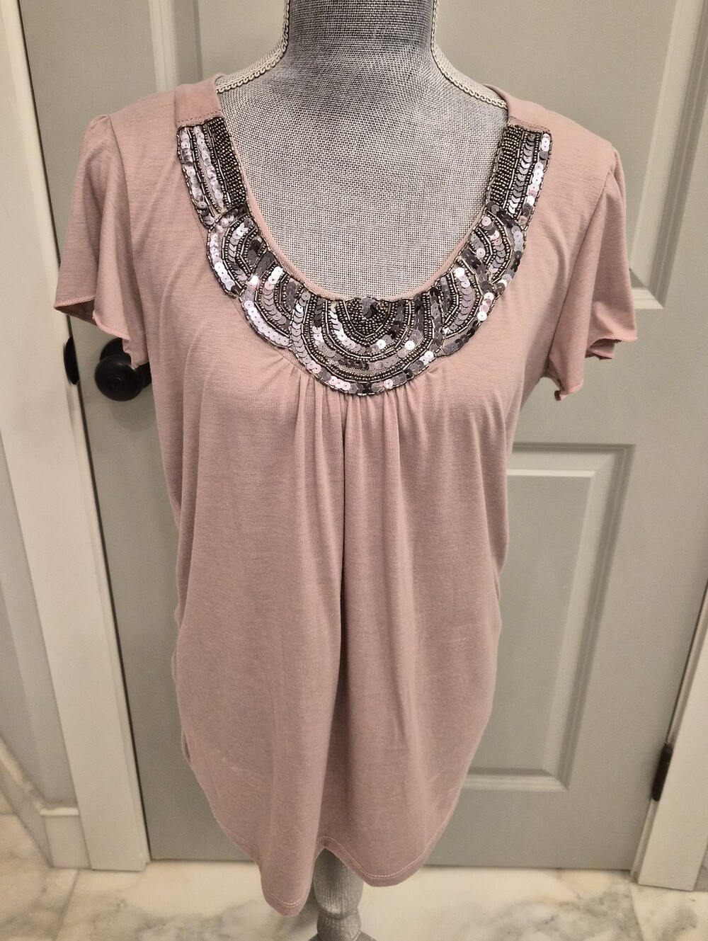 Agenda Pink Short Sleeve Scoop Neck Top with Sequin Beaded Yoke Size XL